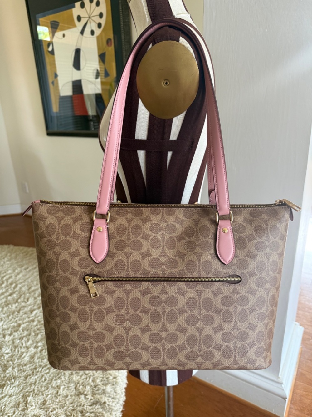Coach Gallery Tote Khaki Pink Signature Canvas Leather Bag NEW - Picture 2 of 13